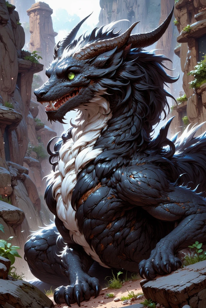 combines the characteristics of a cat and dragon. gaint, It has a connection with the three elements of earth, air and fire. fantasy setting, 8k, uhd, masterpiece, detailed. Black fur with white parts on head, neck and paws. Fluffy, long fur