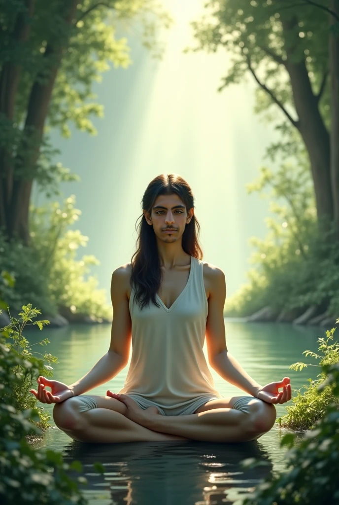 Woman sitting in meditation position in forest with waterfall, relaxing concept art, makoto shinkai cyril rolando, gentle illustration, Beautiful peace scene in anime, relaxing environment, meditation pose, meditating pose, beautiful digital artwork, beautiful avatar pictures, meditating, Makoto Shinkai and Tom Bagshaw, Zen Meditation Cyberpunk, anime nature wallpapers