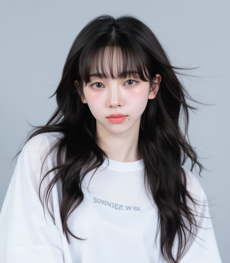 Generate an image of a young woman with long, wavy black hair and soft bangs that frame her face. She is wearing a loose, oversized white sports-style top with subtle lettering on the front, creating a casual and relaxed look. The background is simple and neutral, with a light gray tone, keeping the focus on the subject. Her expression is calm and slightly melancholic, adding a gentle, reflective mood to the overall image.  