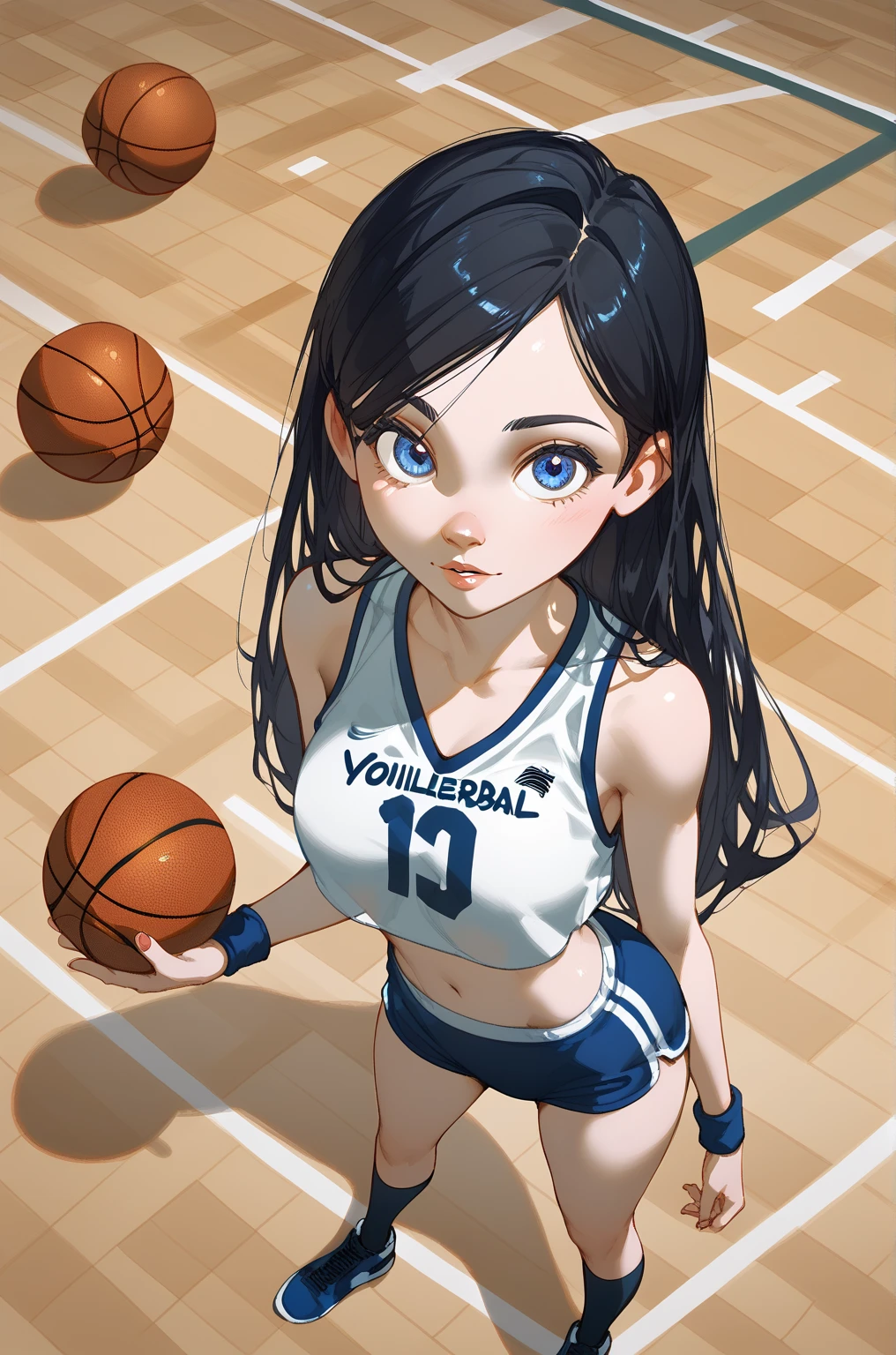  score_9,  score_8_above,  score_7_above,
1 girl, Alone, Violeta Parr, Blue eyes,  black hair,  crop top , Gym Wear, Sports panties, pose, Basketball court ,