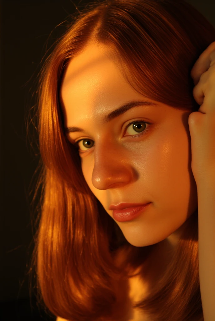 Phenomenal photographic portrait. , canon 3.5mm, f1.6, of an beautiful, natural, redish hair, freackles, woman  looking into the camera..  sunlight enters the room and illuminates the right side of her face. The light is found, low key, set to a wide F1.5 aperture, .  Rays of light, strong chiaroscuro, 