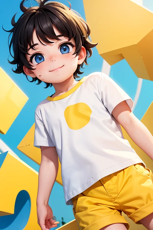 Boy, cute face, messy hairstyle, white skin, yellow body, shirt, shorts, blue eyes, smile, modern art, nice background High accuracy 