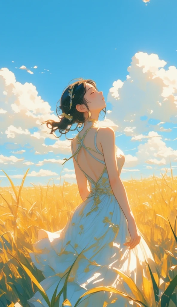 a woman dressed in a backless ballroom dress, she closes her eyes facing the sky, blue sky white cloud, she is in the paddy field with golden ray, low angle, close up