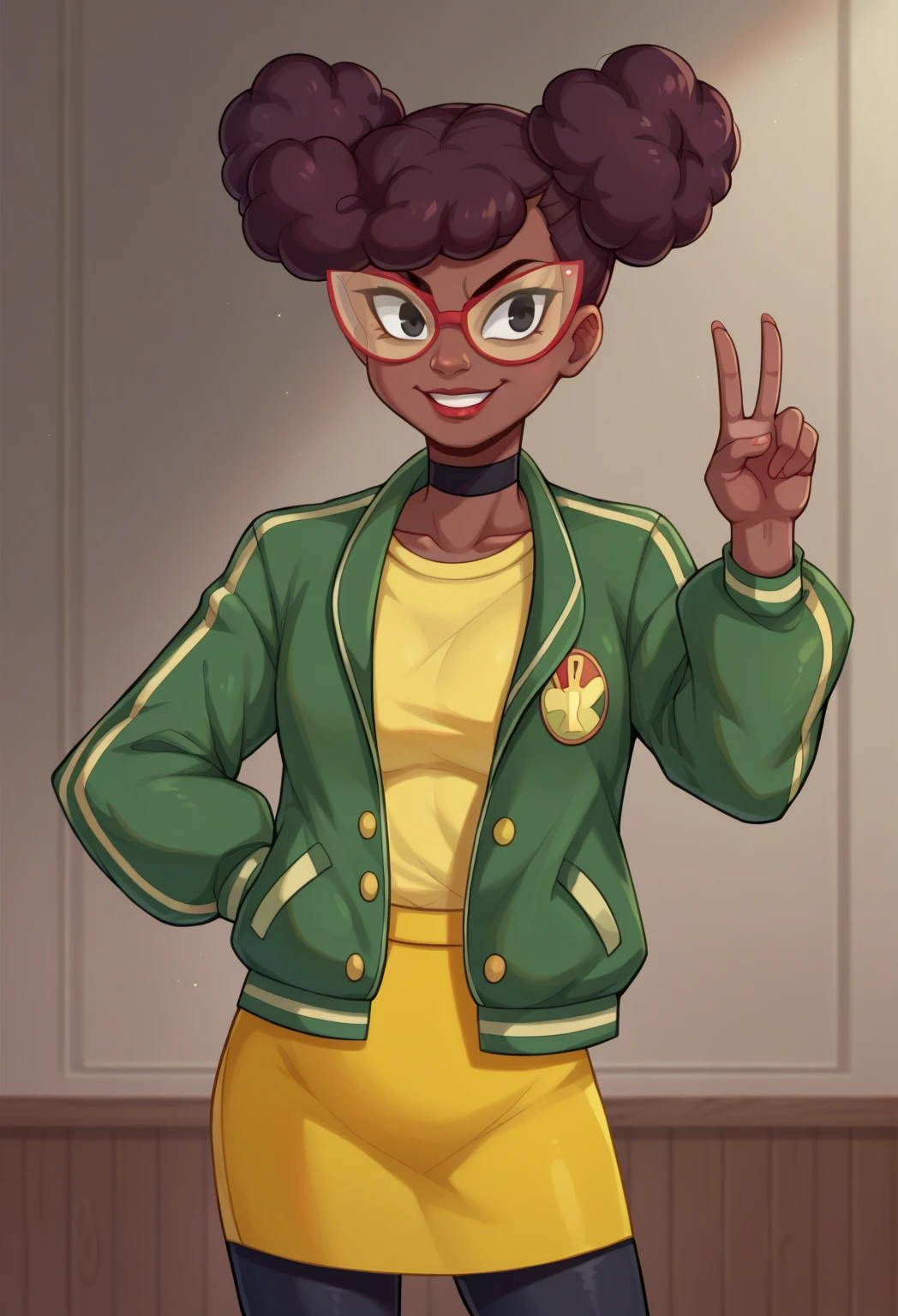 score_9,score_8_up,score_7_up BREAK April2018,1girl,yellow skirt,black hair,black eyes,jacket,choker,dark skin,hair bun,dark-skinned female,double bun,yellow shirt,leggings,very dark skin,afro,cowboy shot,room,room background,v, standing, smile, peace sign 