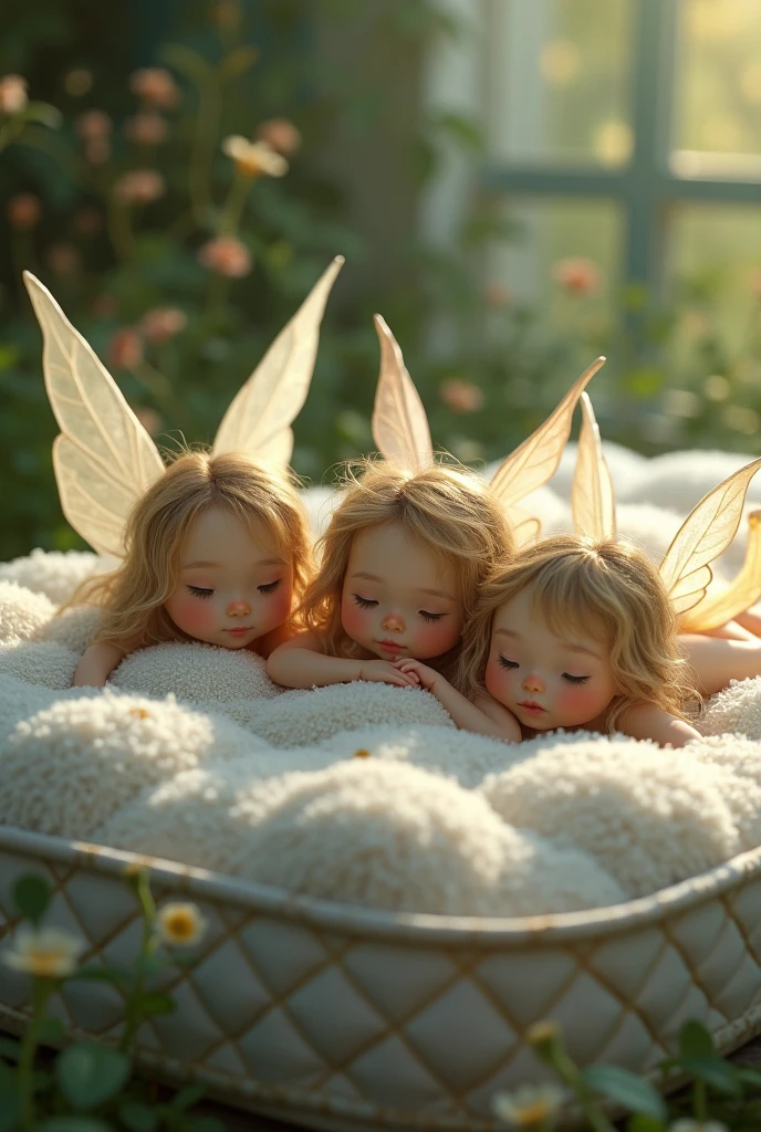 Realistic photography. Absolutely naked young girl with light skin and pink nipples on her chest. Light pink knee length hair with pink straight bangs on the forehead. The girl's eyes are green. There is a pink blush on the girl's face. Naked girl smiles beautifully. She has snow-white teeth.. She lies naked on the green lawn., behind the lawn there are thickets of banana leaves. Above the girl, absolutely naked children are also flying - a boy and a girl on butterfly wings. The boy has brown and curly hair., The naked boy's wings are transparent and blue. He is a little elf.. The naked girl has waist-length, chestnut-colored, curly hair., The naked girl's wings are transparent and pink. The girl is wearing only a long transparent skirt., and the rest of the body is naked. The girl holds a small silver bell in her hand, and rings it. Naked girl smilingly looks at flying elf children. These children are .. The girl's hair is very, very long.. realistic photography.