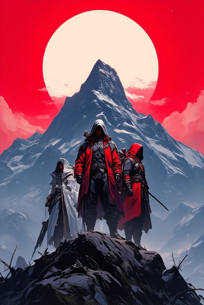 Image of a group of adventurers in three colors, white, black and red,  standing on top of a mountain. In the center of the image is the sun in white, the mountain in black and the sky in red .
