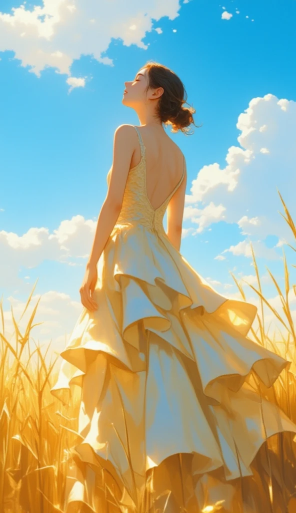 a woman dressed in a backless ballroom dress, she closes her eyes facing the sky, blue sky white cloud, she is in the paddy field with golden ray, low angle, close up