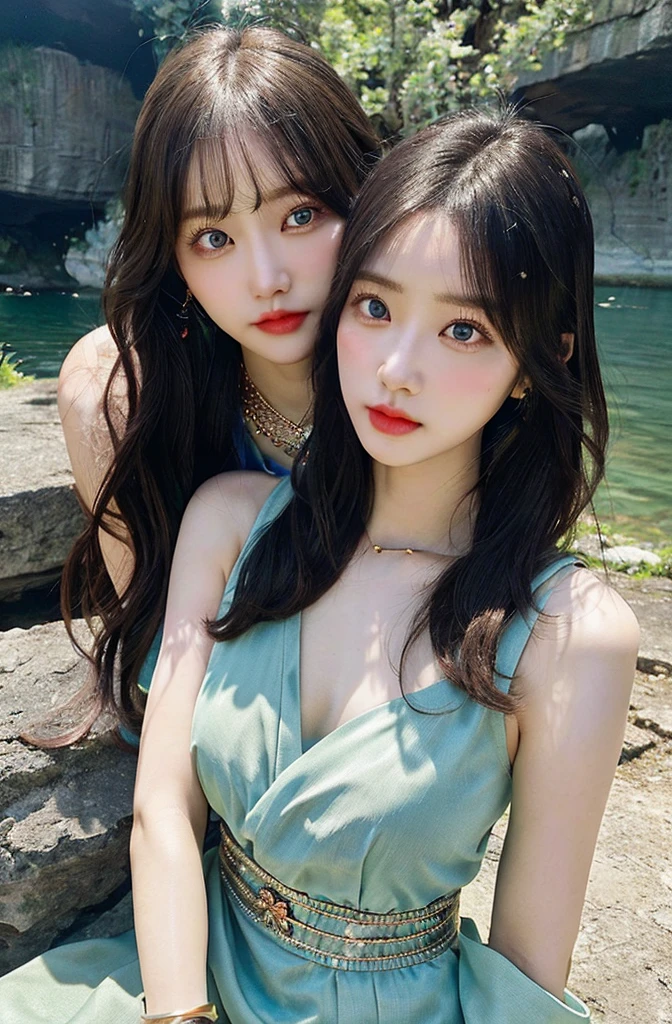 Best quality，Ultra-high resolution，（lifelike：1.4），Cute hairpin，1girll，Long curly hair，jk，Blush，Slim beauty：1.4，Visible abdominal muscles，on the beach，Ultra-fine face，Exquisite eyes，Double eyelids，necklace