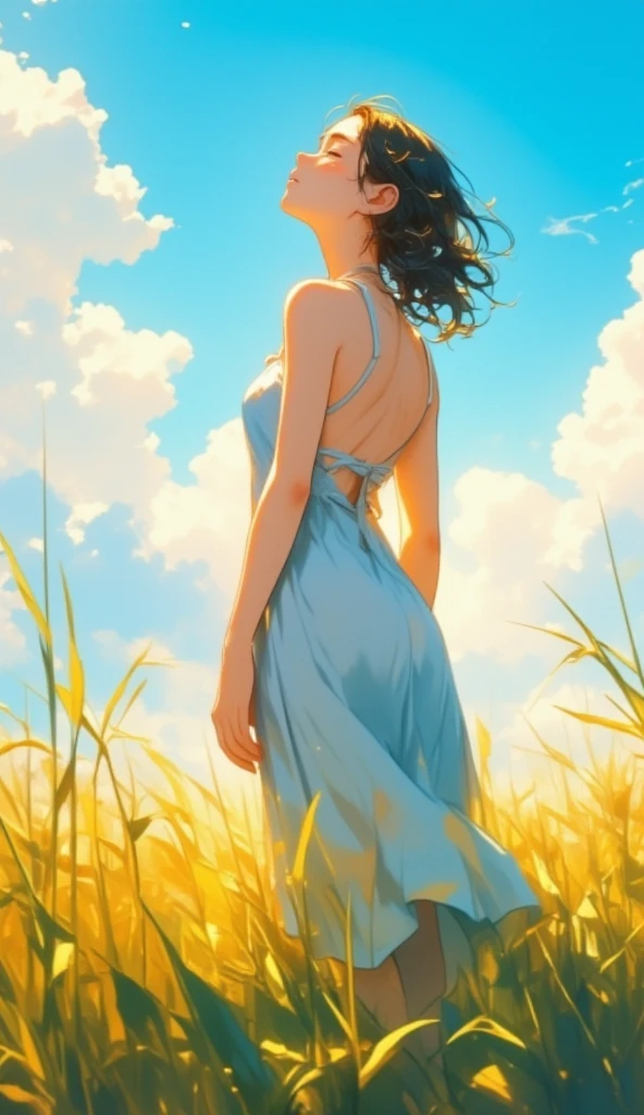 a woman dressed in a backless ballroom dress, she closes her eyes facing the sky, blue sky white cloud, she is in the paddy field with golden ray, low angle, close up