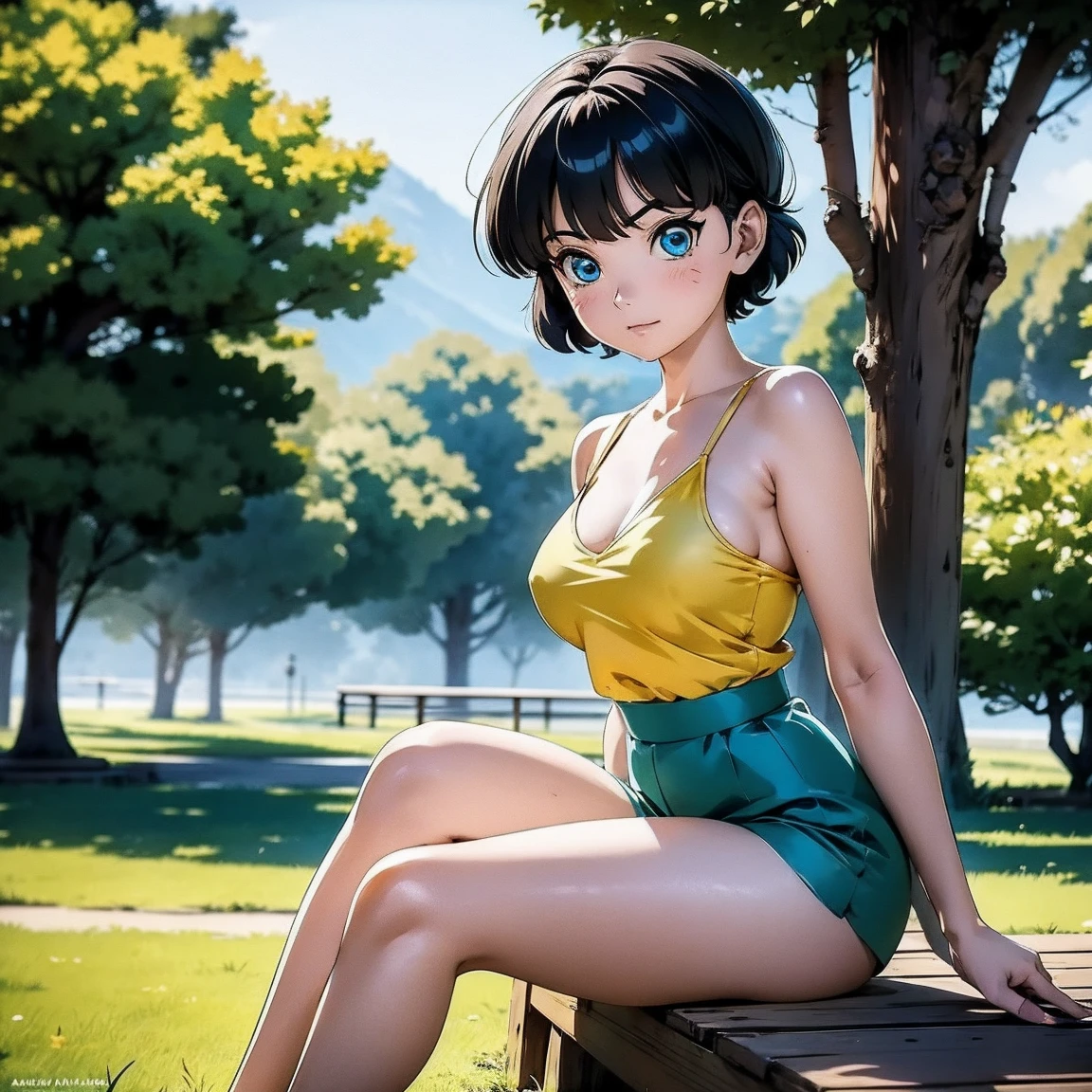  Anime girl  , agachada, sitting, Beautiful body,  medium breasts ,  black short hair ,  Blue Eyes, beautiful legs,  anime style , Ranma Chan,  autora Rumiko Takahashi , Based on the work of Rumiko Takahashi,  Anime Rama only from the trunk up,  only half her body ,  young girl with beautiful and beautiful body ,  girl  young short stature , anime girl,  anime style , sittings no chão, Close-up image , Silly face , Cute grimace 