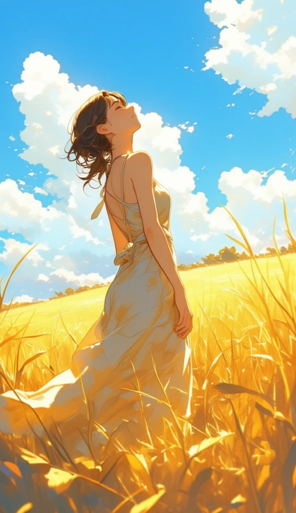 a woman dressed in a backless ballroom dress, she closes her eyes facing the sky, blue sky white cloud, she is in the paddy field with golden ray, low angle, close up