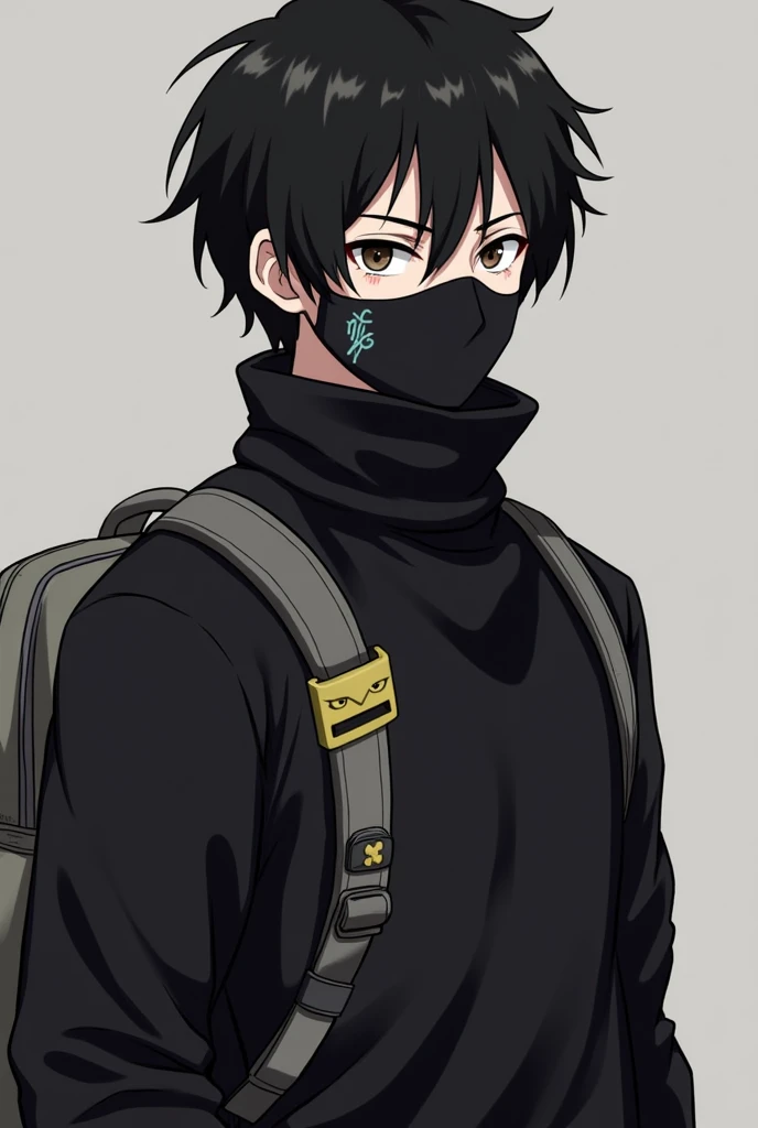 25 year old adult male anime style with black hair, green eyes, a black face mask and fingerless gloves with a serious expression and a white vest and t-shirt