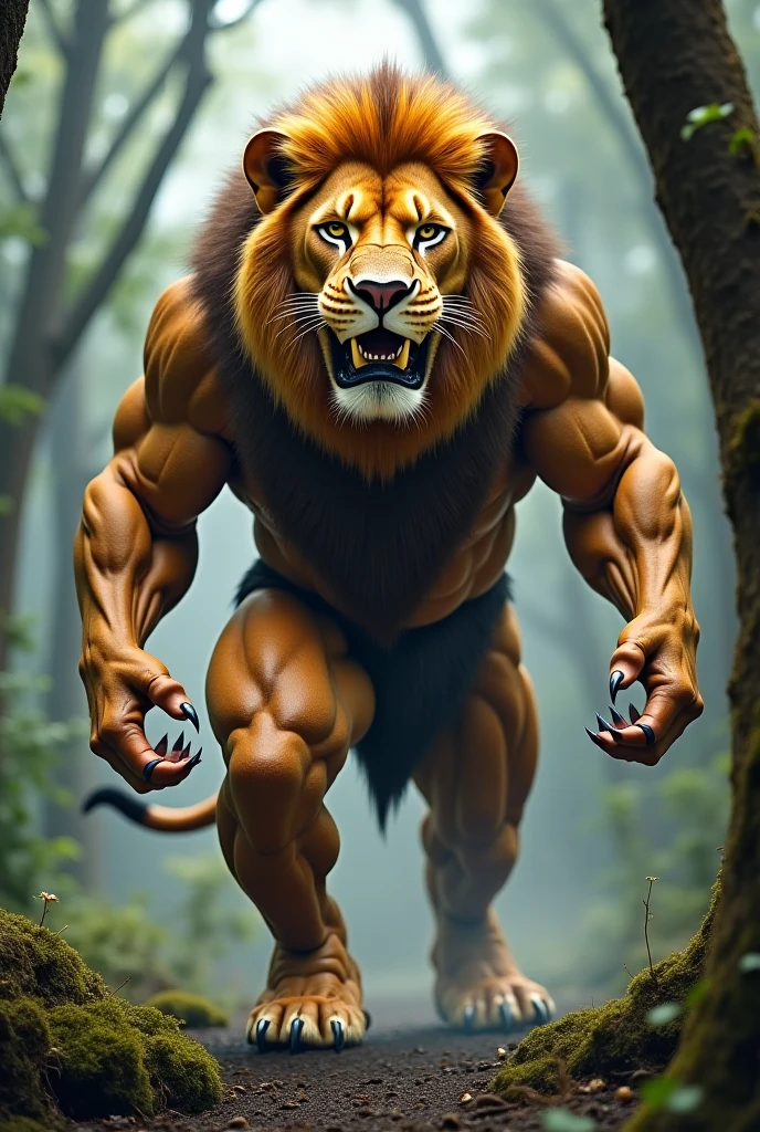A captivating and unique 3D render illustration of a fearless hybrid creature. This man has the muscular body, complete with a chiseled six-pack, the and the head of an angry roaring lion, with lion-like hands. Sitting confidently on an Mountain Rock . The background is a Dark Australian forest, with sense of danger. The overall ambiance of the image is bold and eye-catching, perfect for a profile picture or a striking poster. Try to delete the errors of this picture and make it look as fine as possible, but also keep the same gbasic idea., 3d render, illustration, poster and it should be in detail And image frame Ratio should be 16:9