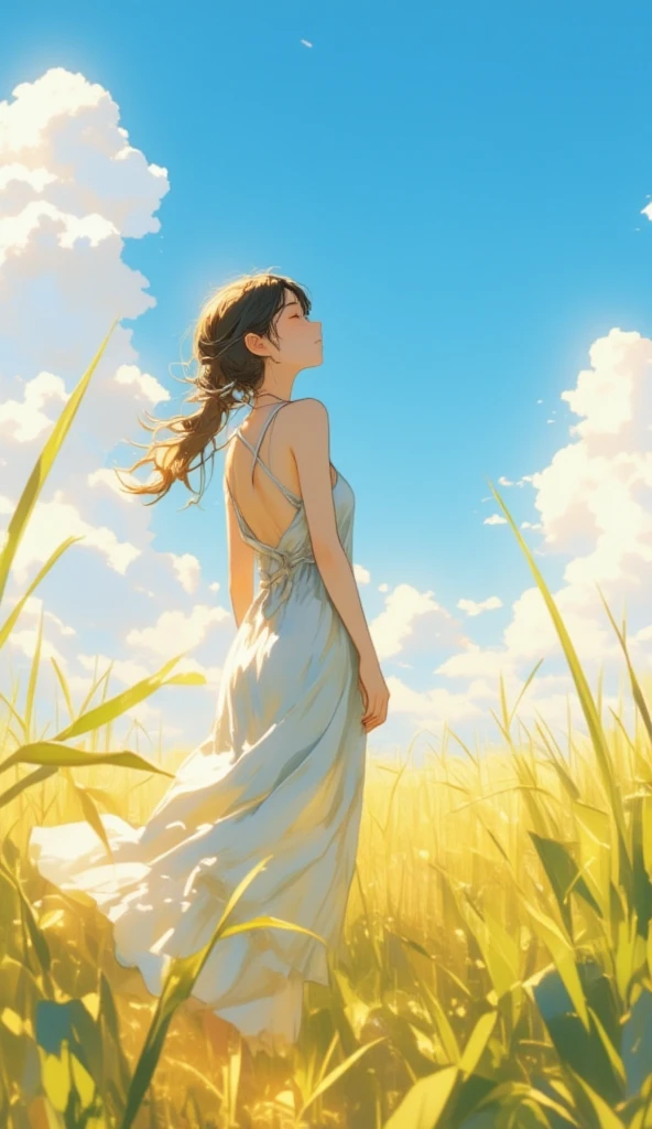 a woman dressed in a backless ballroom dress, she closes her eyes facing the sky, blue sky white cloud, she is in the paddy field with golden ray, low angle, close up