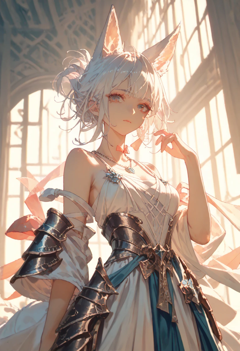 ,  masterpiece fails,  top quality ,  1girl, One, necklace,  looking at the viewer, fox ears,  white hair,  bare shoulders are visible, ribbons, necklace on the neck, makeup,  thin waist, Fantasy Armor