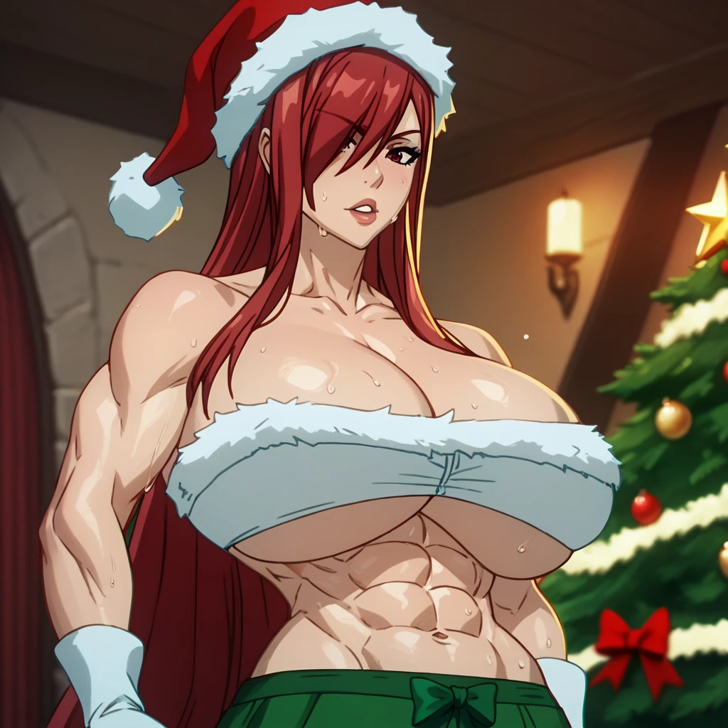 Massive breasts, massive cleavage, toned abs, Christmas house, hot and sweaty, general erza scarlet from fairytale, muscular, suggestive posture, Erza_Scarlet