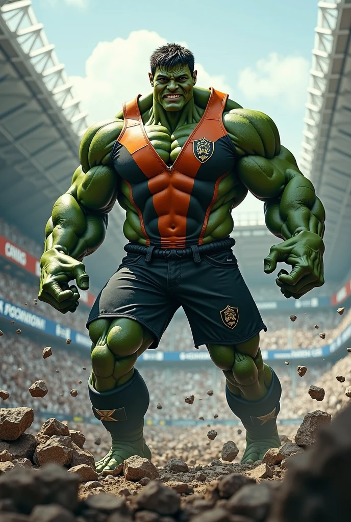 Hulk, the Marvel character dressed as a soccer player in a green t-shirt uniform, sad, almost crying because he lost a game