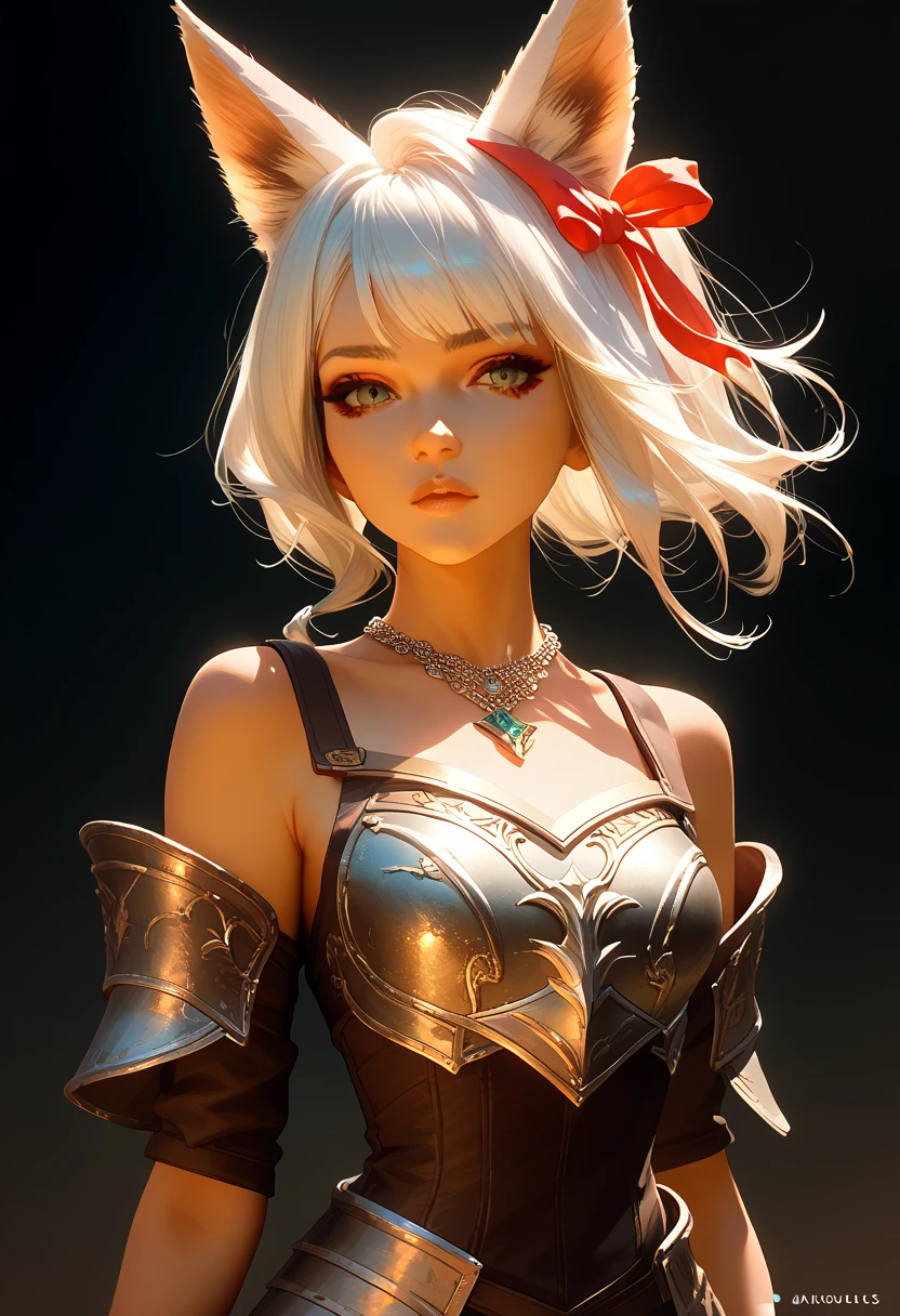 ,  masterpiece fails,  top quality ,  1girl, One, necklace,  looking at the viewer, fox ears,  white hair,  bare shoulders are visible, ribbons, necklace on the neck, makeup,  thin waist, candid fantasy armor