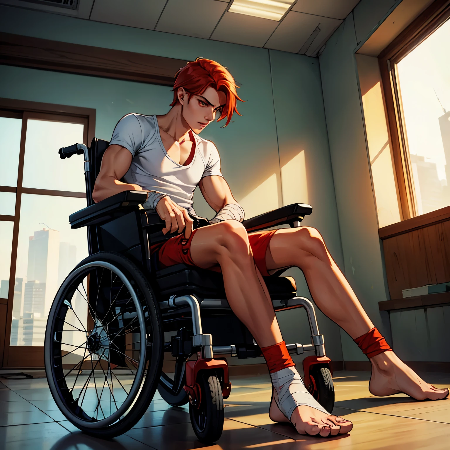 Prompts
Handsome young man , white skin with red cheekbones , elongated red-haired orange hair, Scared, ojos color turquesa. sitting in a wheelchair , with bandages on the feet . Abandoned hospital fund a