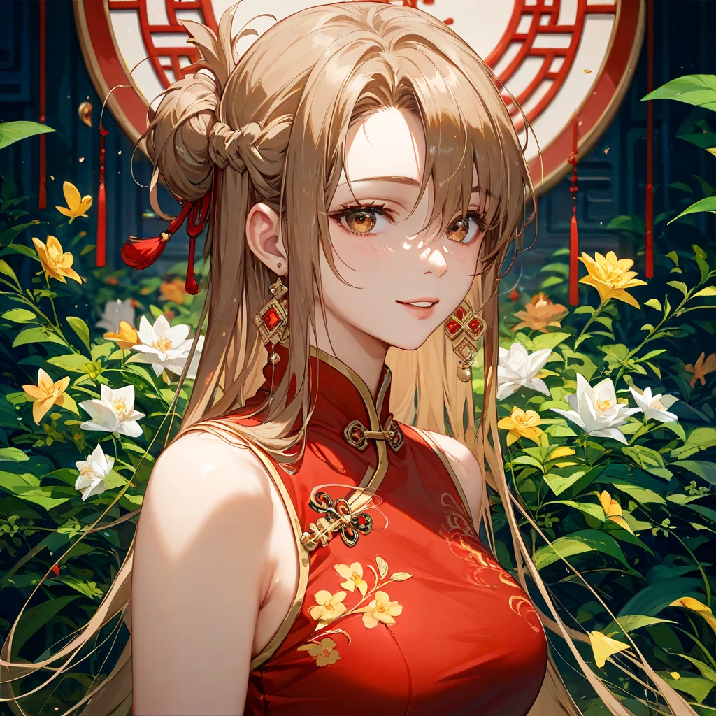 ((Highest quality)), ((masterpiece)), (detailed), (Perfect Face)、The woman is Princess Leona, with her light brown, medium-long hair tied up in a bun. She is dressed in a gorgeous red Chinese wedding dress with gold embroidery and trim, and is adorned with gorgeous accessories and an engagement ring.