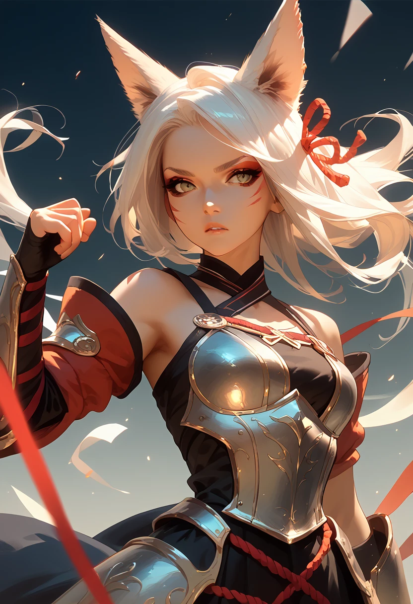   1 girl fights, One, looking at the viewer, fox ears,  white hair,  bare shoulders are visible, ribbons, makeup,  thin waist, candid fantasy armor