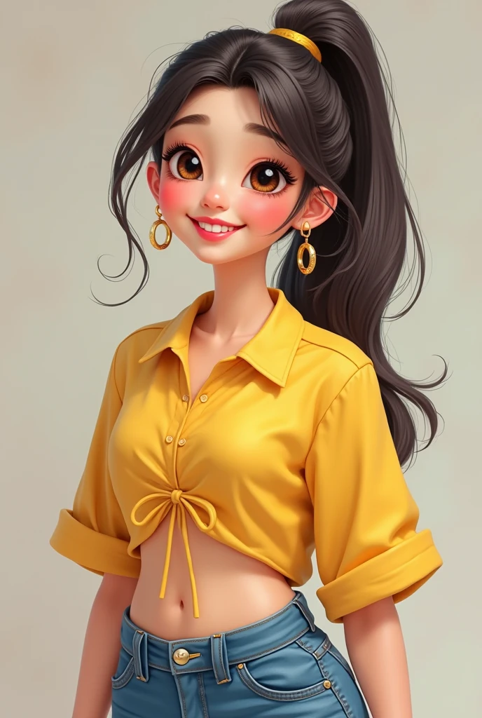 A beautiful young girl in Sarah Kay style, a beautiful Asian girl with long, straight, black hair with bangs who is dressed in a long, ankle-length light blue jean skirt and is wearing a yellow short-sleeved T-shirt, she is posing with her back turned and smiling playfully.