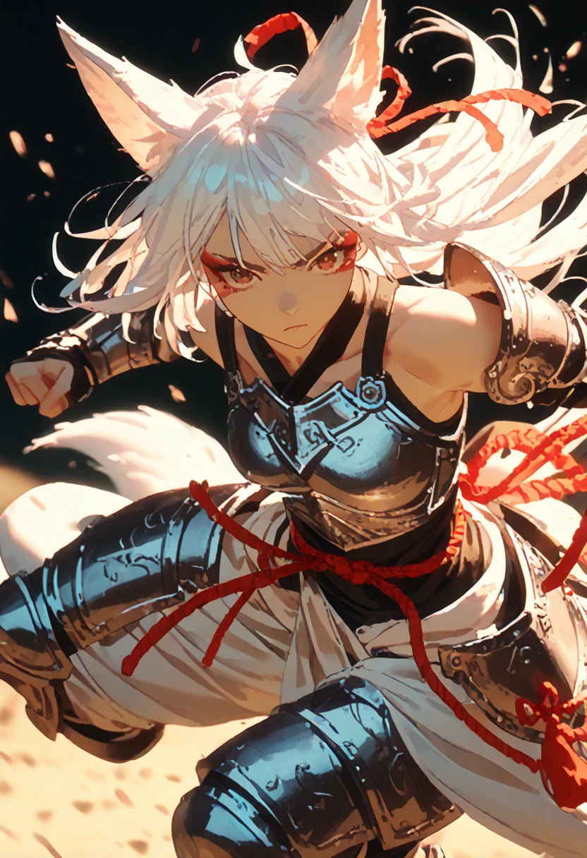   1 girl fights, One, looking at the viewer, fox ears,  white hair,  bare shoulders are visible, ribbons, makeup,  thin waist, candid fantasy armor