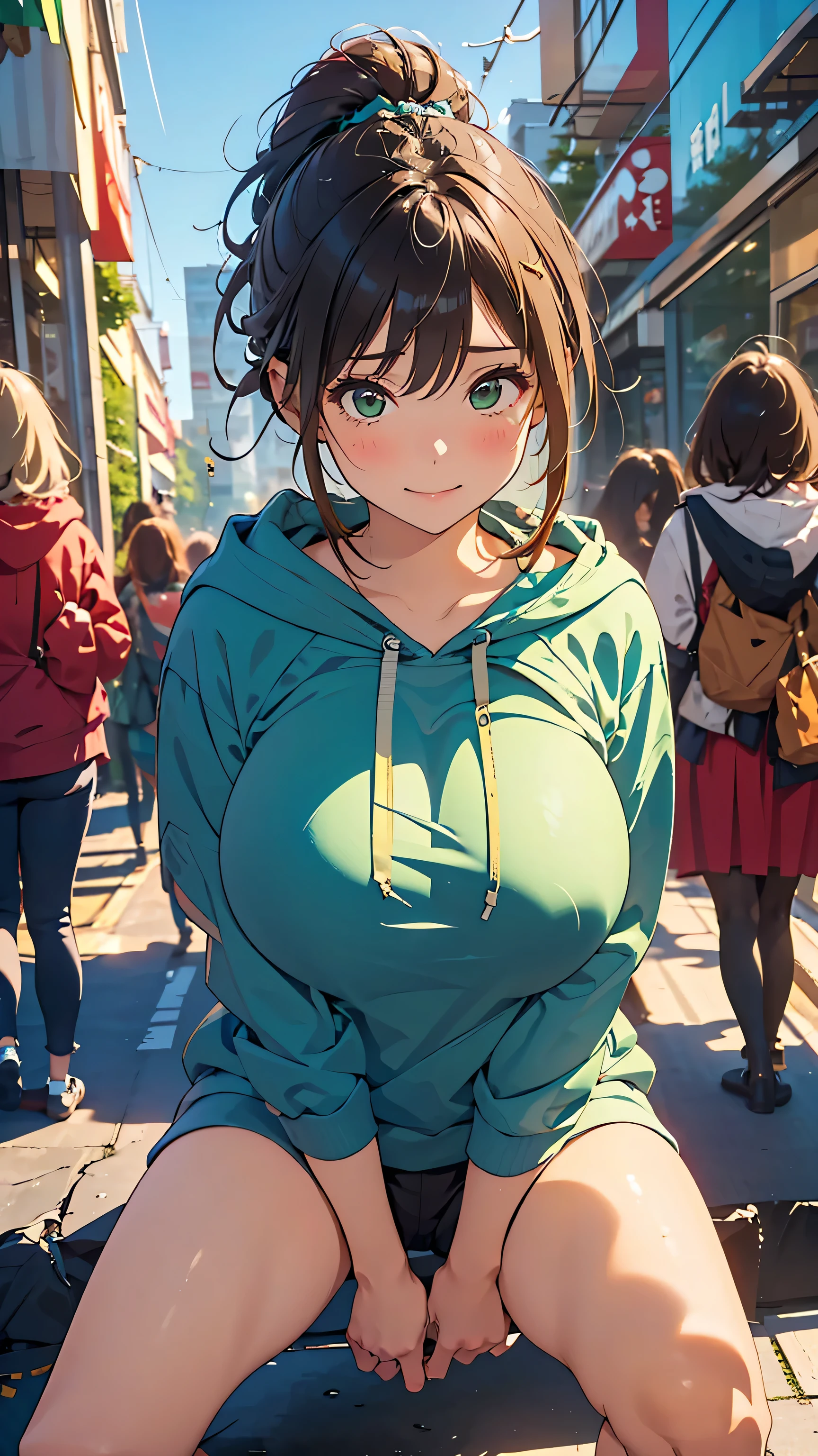 masterpiece,  top quality ,  super high res,( clear ,  beautiful women:1.2),( Upturned Breasts), ( beautiful big breasts :1.5),  clevis on a stone, ( happy :1.2), ( melancholy expression:1.2),  embarrassing,  blanking in the heart of the city, ( black hair:1), Short rolled up ponytail, ( Please Squint :1.4),  shiny brown hair and charming green eyes, (()), (), (large hooded sweatshirt:1.3), At home, ( expand your legs), (), ( exposed thighs  :1.3), ( sitting holding one knee :1.3),