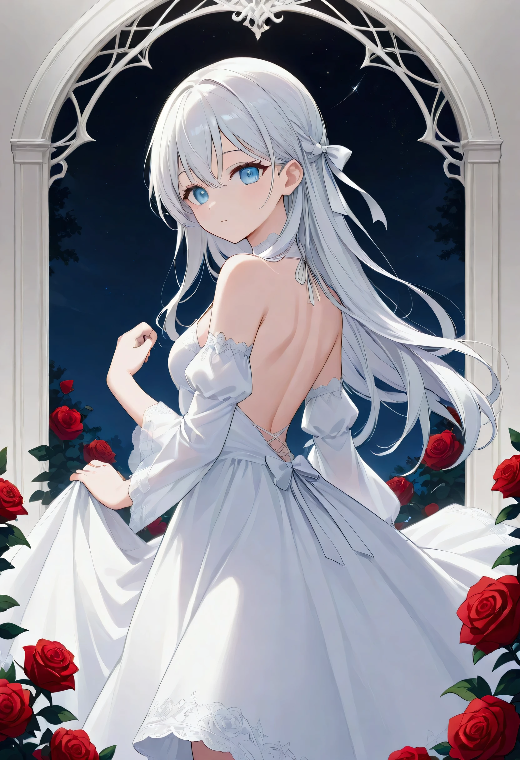 score_9, score_8_up, score_7_up, score_6_up, score_5_up, score_4_up, (black and white art: 1.5) mostly black and white, a picture of a beautiful vampire, long hair hair, blue eyes, wearing white silk dress, with red roses on it, backless dress, small cleavage, it is night, the moon in the sky, picture taken from the rear, (only colors are the roses)