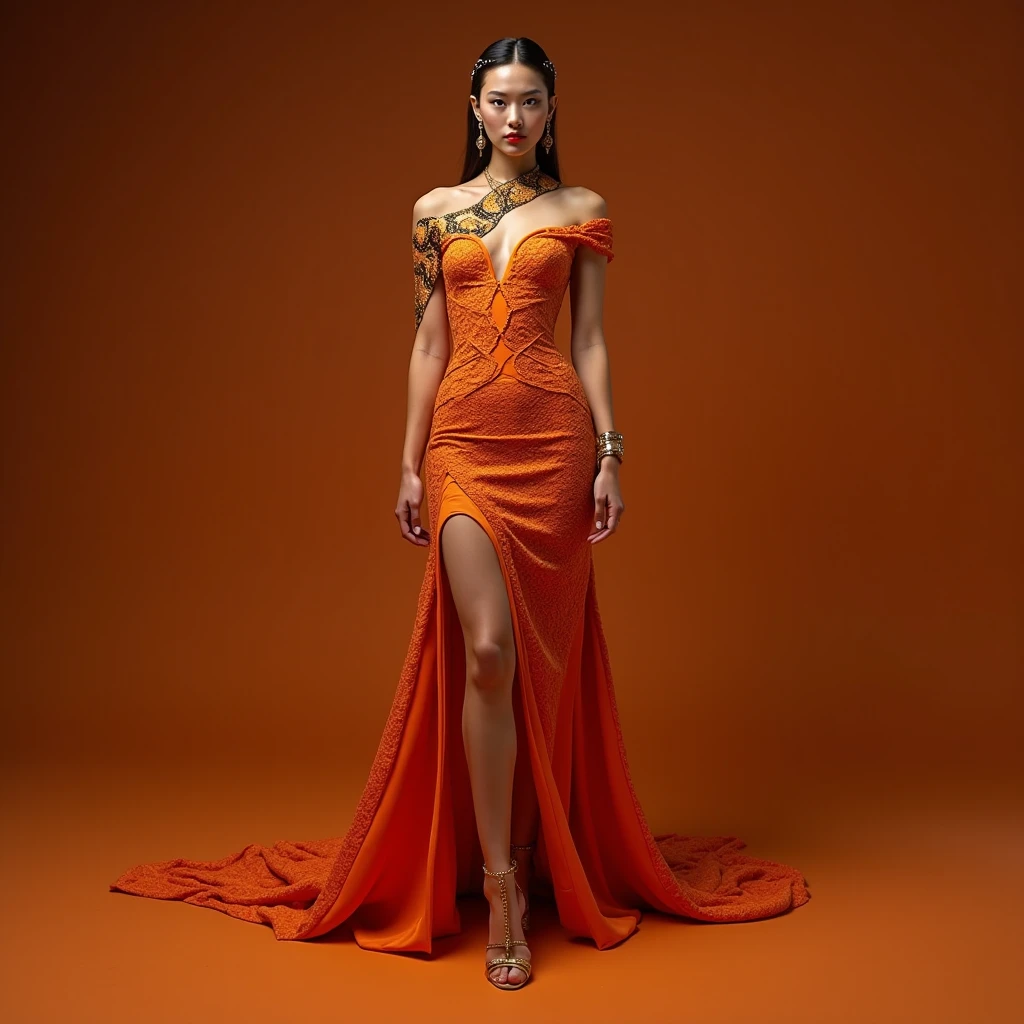 uma mulher com um vestido laranja na passarela , Embroidery on purple stones and crystals lady wearing orange dress inspiration Guo Pei digital art of an elegant, mulher amarela bonita, usando um vestido amarelo, pose de perfil elegante, mulher no vestido, vestido dourado, usando um vestido elegante, senhora semi-virada em vestido de noite, pele amarela elegante, stunning digital illustration, Luxury fashion illustration long dress dress with long tail dress with slit