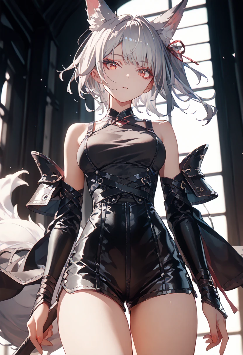   1 girl, One,  Looking at the viewer , fox ears,   grey hair,   bare shoulders visible , ribbons, makeup,   thin waist, revealing fantasy armor, short leather shorts , leather armor