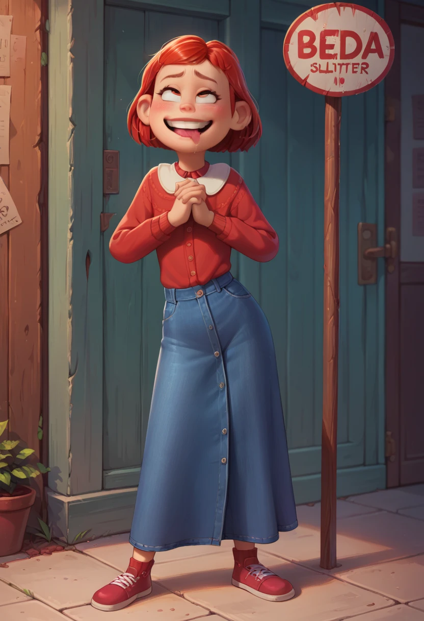 Mayo Lee ,  red hair, sign of peace, ahegao, Tilt your head ,  cowboy shot , , (()),  a girl, alone,  salient smile ,   looking at the viewer,  hands crossed ,  Full body , Pose pictures , best qualityer, without defects, desnuda,  vagina,  without clothes