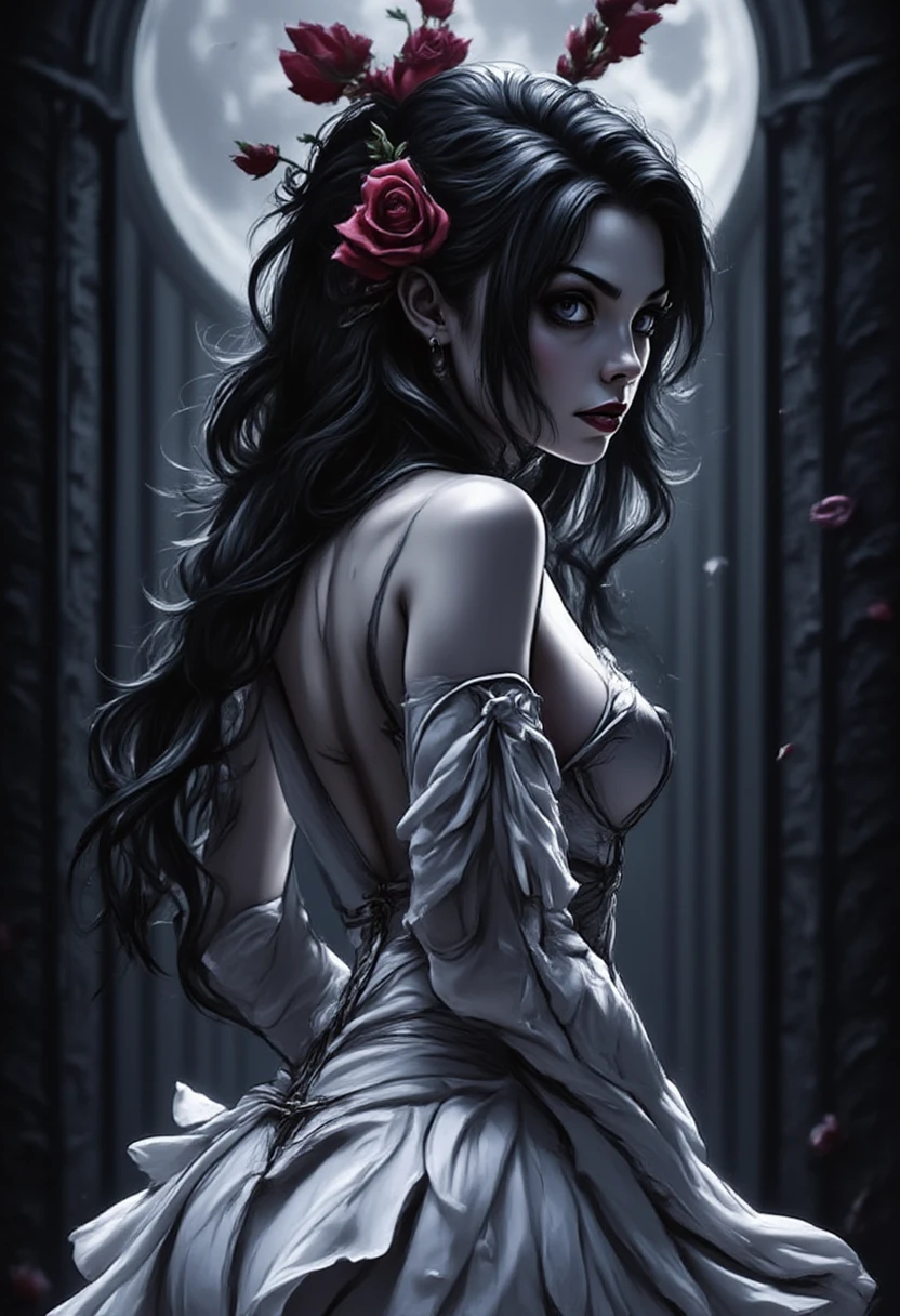 action movie, elegant pose,The Lady of Shadows, a handsome female, big black eyes, Sad look, scarlet lips, pale skin, Long black hair, fluttering in the wind, dark dress with lace in baroque style, Elegant white gloves on your hands, Elegant jewelry on clothes and hair, Standing on a field of roses, night time, night  sky, Huge bright moon, Cold moonlight, Eyes of detail, hiquality, Masterpiece