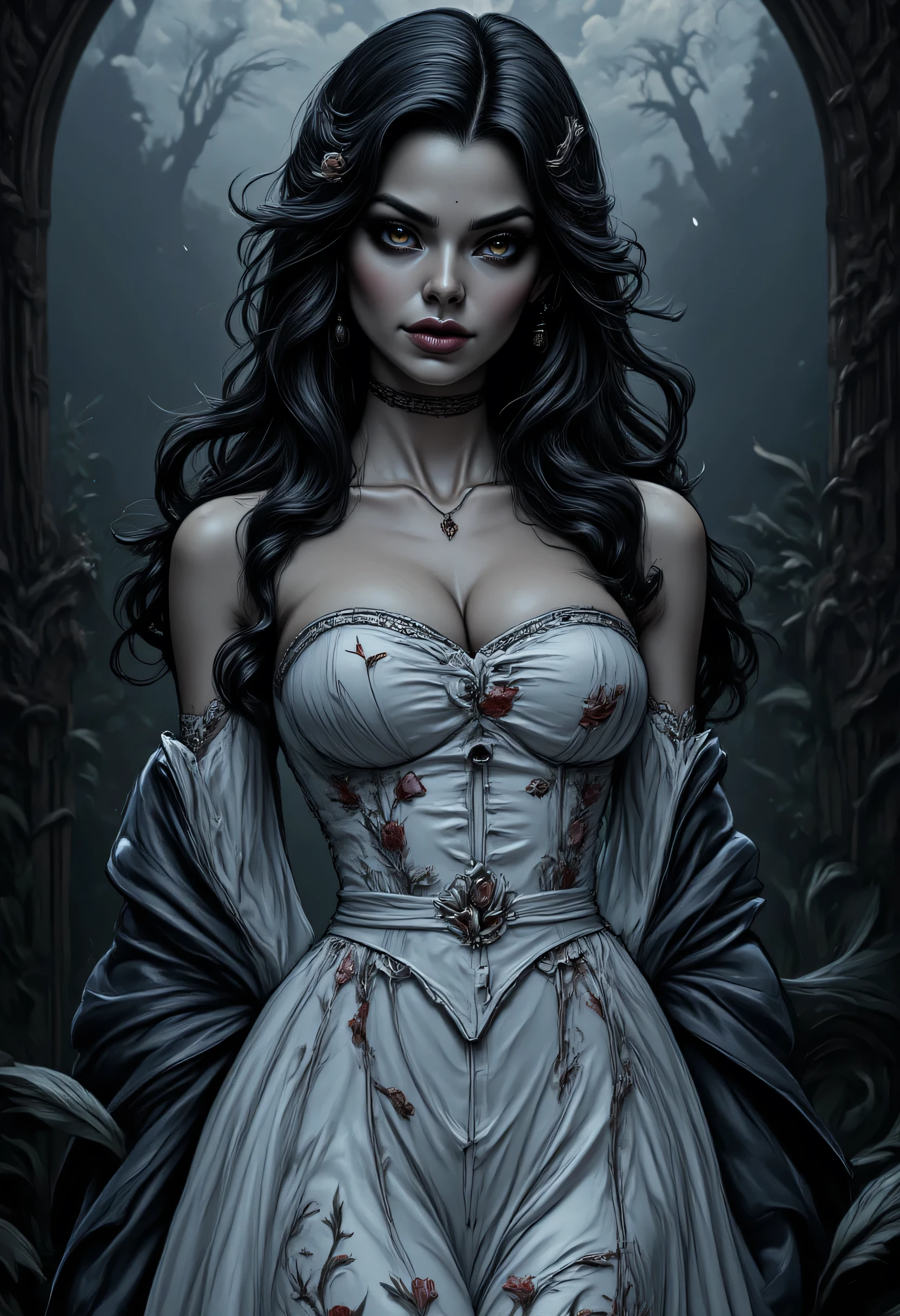 action movie, elegant pose,The Lady of Shadows, a handsome female, big black eyes, Sad look, scarlet lips, pale skin, Long black hair, fluttering in the wind, dark dress with lace in baroque style, Elegant white gloves on your hands, Elegant jewelry on clothes and hair, Standing on a field of roses, night time, night sky, Huge bright moon, Cold moonlight, Eyes of detail, hiquality, Masterpiece