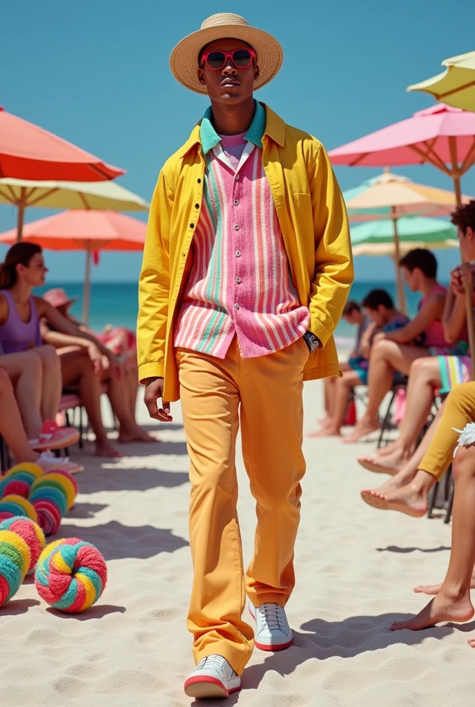 A handsome young man with a beautiful, thin, white face, fair and smooth skin, shirtless, wearing a pink swimsuit, short black hair, on a catwalk at a men's beach party, holding a beach ball in his hand, the audience applauding and celebrating with bubbles. A tall, thin, white, shirtless man.