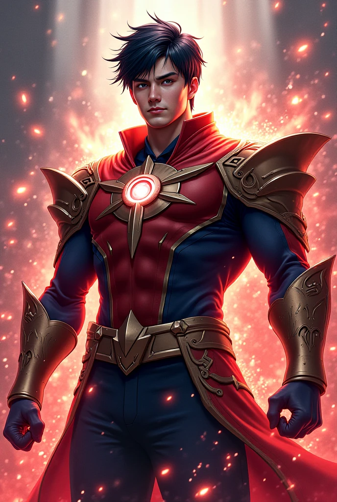 Man with short, cropped white hair dressed as a superhero in a predominantly red costume, like a red star in the center of the outfit floating in the sky
