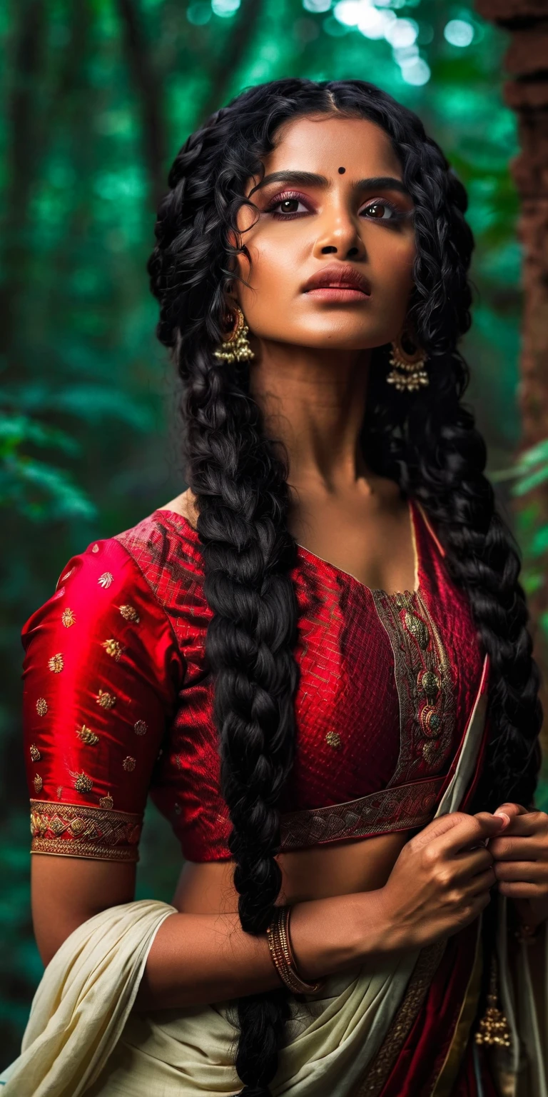 A beautiful Indian woman with thick braided long black hair, (pale white skin tone), dynamic action , angry face,black hairs, standing in a mystical background, highly detailed, hyper realistic, 8K, dramatic lighting, cinematic, fantasy, magic, witch, Wanda Maximoff, cosplay, masterpiece, ultra-detailed, photorealistic, vivid colors, HDR, professional, cinematic lighting, dramatic pose, intricate costume details, flowing fabric, intense expression, magical energy, red energy aura, dark moody atmosphere, dramatic shadows, powerful, mesmerizing, captivating, ahsaas, 1girl, thunder storm from eyes, anupama , busty, cleavage 