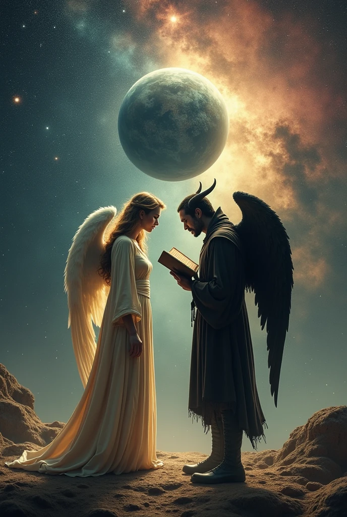 Visual: Isang anghel at isang demonyo na nakaupo sa magkabilang balikat ng tao. Ang anghel ay may hawak na isang liwanag, habang ang demonyo ay may hawak na isang madilim na bagay.