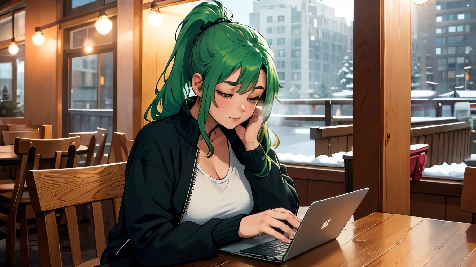 "A woman with green hair tied in a ponytail sits at a table in a cozy café, typing on a laptop. She is wearing a pink tank top under an open zipper jacket, exuding a casual and relaxed vibe. The warm ambient lighting of the café highlights the comforting atmosphere, with subtle details of wooden furniture and soft yellow lights. Behind her, large windows reveal a snowy winter evening, showcasing softly falling snow and a bustling urban street illuminated by warm streetlights. On the table beside her, a steaming cup of coffee or tea adds to the serene ambiance. The scene blends the cozy interior of the café with the wintry magic outside, capturing a moment of quiet productivity and reflection."
