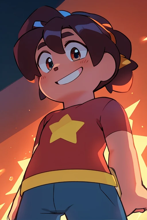 Steven the hero, cute face, messy hairstyle, detailed body, red shirt, star logo, blue pants, attractive smile, cinematic shot, lens aperture 1.1, nice background, high resolution 