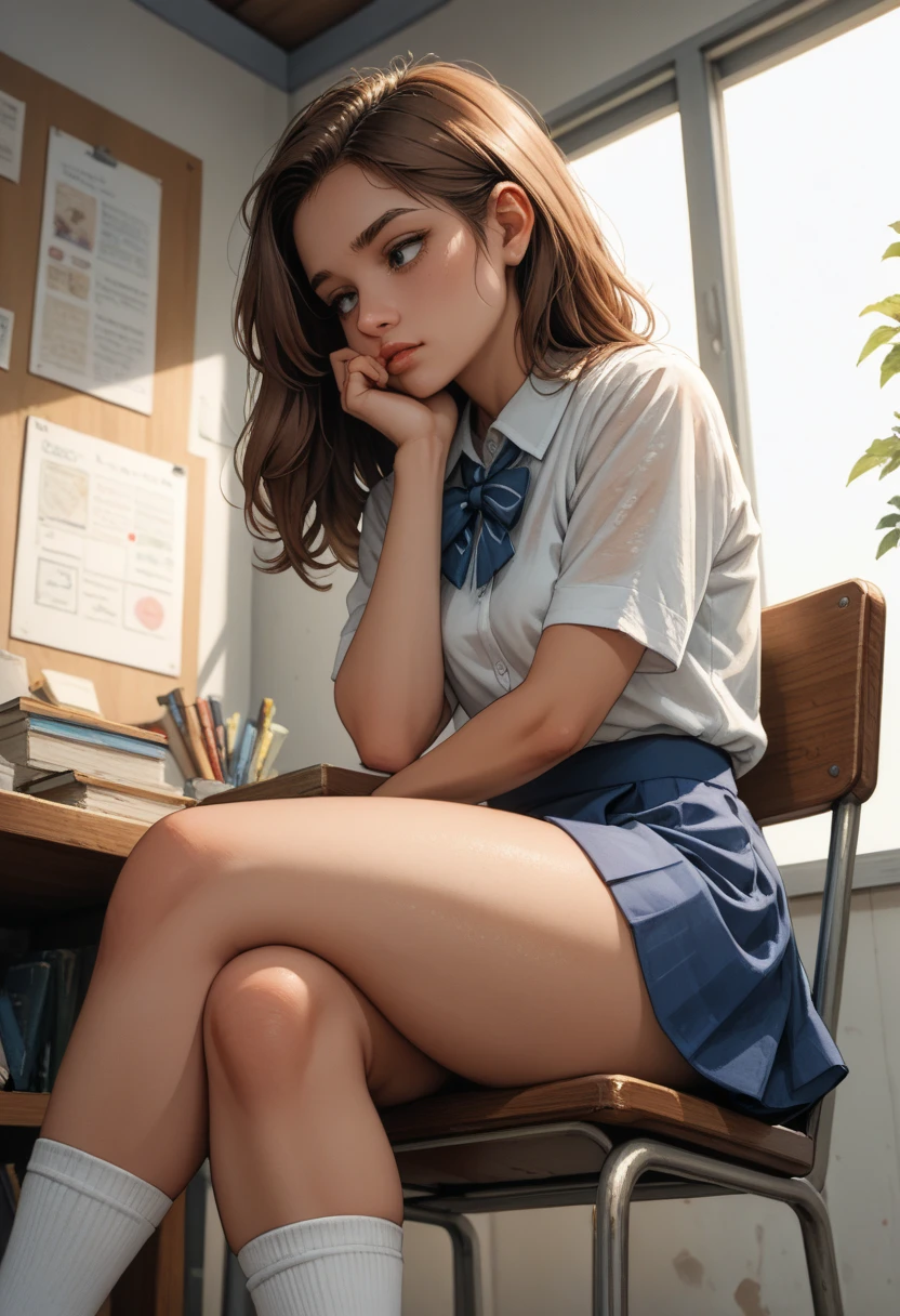 1 ,   student costume,  very short blue skirt   ,socks,  sitting on chair  ,  illuminated by afternoon sunlight ,   long brown hair  ,hand on chin, Boredom,  thick legs  , visible thighs,    low angle and side portrait, Ultra HD,watercolor, Perfect anatomy,