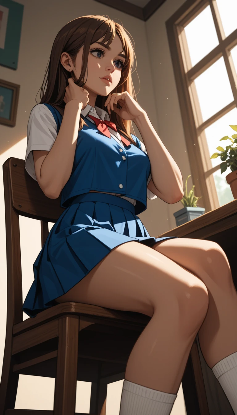 1 girl ,  student costume,  very short blue skirt  ,socks,  sitting on chair  , illuminated by afternoon sunlight ,  long brown hair  ,hand on chin, Boredom,  thick legs  , visible thighs, low angle and side portrait, Ultra HD, Perfect anatomy,