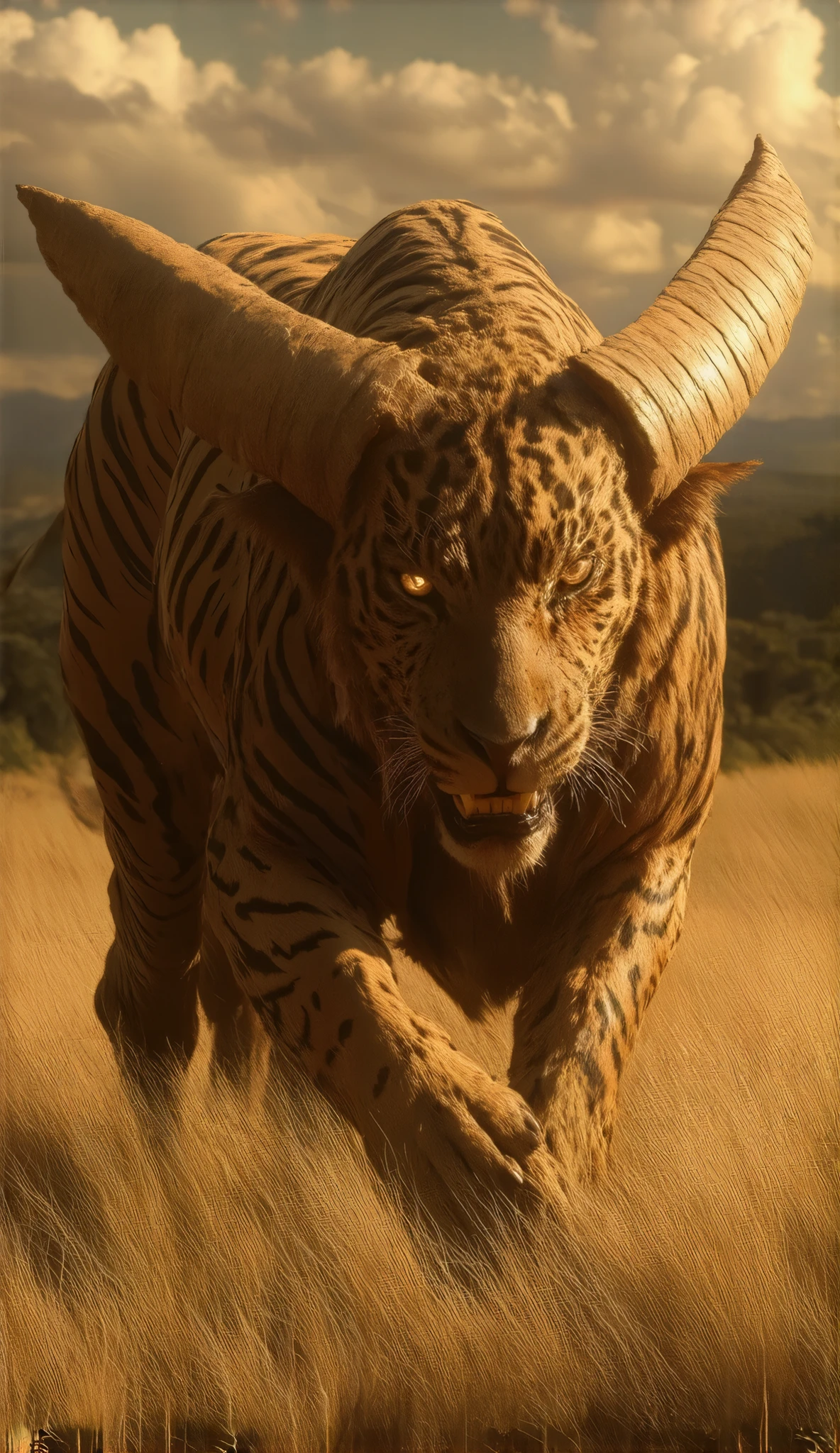 A hyper-realistic depiction of a completely unique and ferocious creature, inspired by the essence of both a tiger and a buffalo, but appearing as an entirely new and intimidating species. The creature has a muscular frame covered in textured fur with faint, ghostly stripes reminiscent of a tiger, seamlessly blending into rugged, armored sections resembling the hide of a buffalo. Its face is fierce and primal, with glowing, predatory eyes, a powerful snout, and jagged, sharp features, while massive, curved horns extend from its head in a terrifying display of dominance. Its stance exudes raw power, with razor-sharp claws gripping the ground and its tail swaying like a whip. The background matches the open savannah with tall golden grass, a dramatic sunset sky, and a faint waterhole reflection from the previous generation. Ultra detailed, absolute resolution, masterpiece, mysterious.