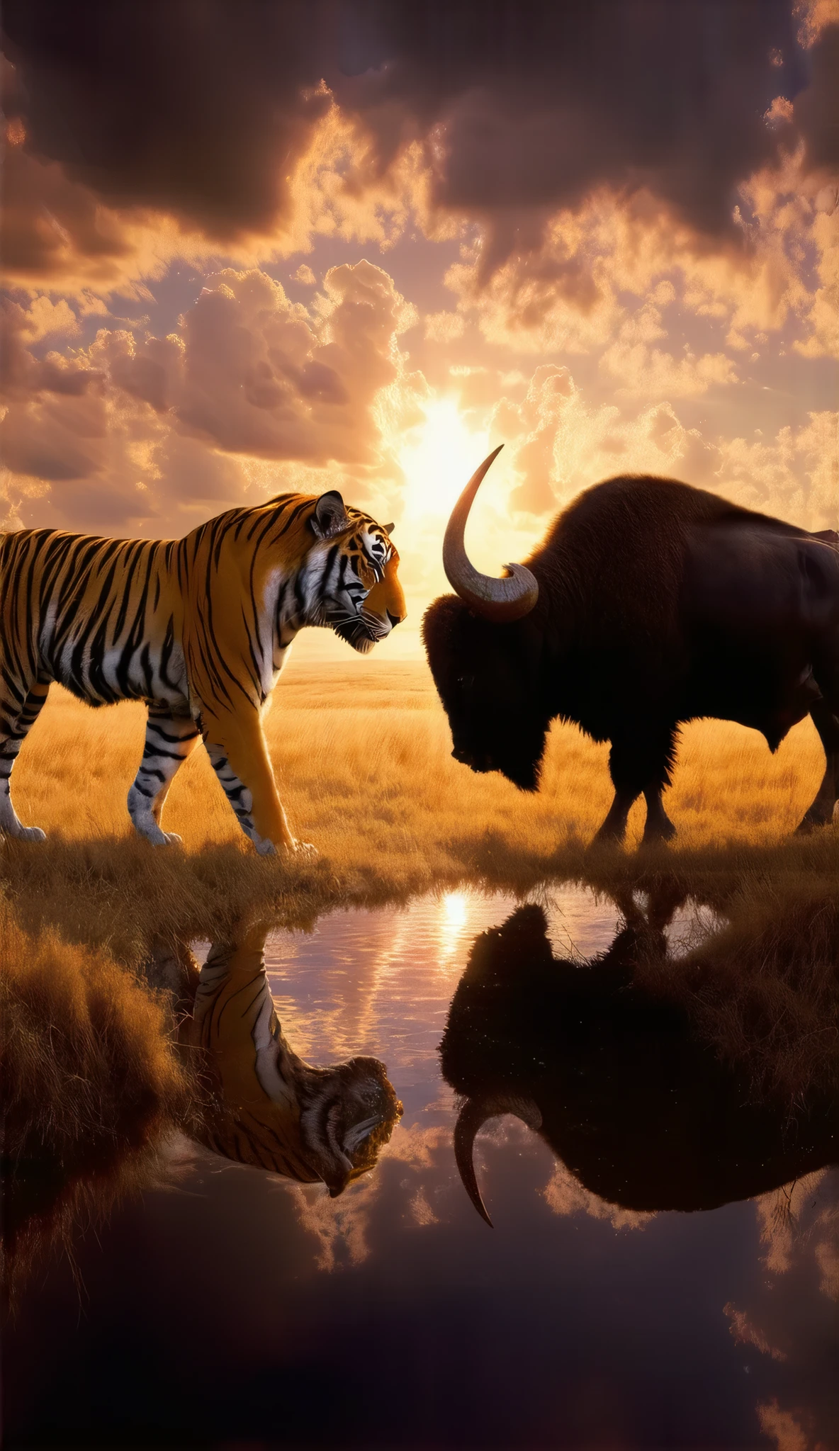 A hyper-realistic depiction of a fierce tiger and a powerful buffalo, standing face-to-face in a tense standoff, both fully visible in side profile. The tiger is poised and intense, with its striped fur gleaming under the golden hues of a setting sun. The buffalo stands strong and unwavering, its massive horns curved and imposing. The cinematic setting is an open savannah with tall golden grass swaying gently in the breeze, under a dramatic sky filled with orange and purple clouds. The animals share the same ground, and their reflections are faintly visible in a small waterhole between them. Ultra detailed, absolute resolution, masterpiece, mysterious.