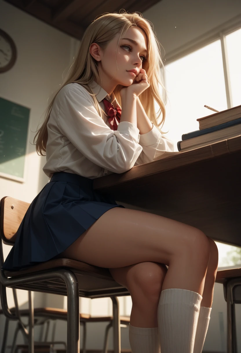 1 ,   student costume,  very short blue skirt   ,socks,Press the  ,  sitting on the table  ,  illuminated by afternoon sunlight ,   long blond hair  ,hand on chin,   thick legs  ,  ,    low angle and side portrait, Ultra HD