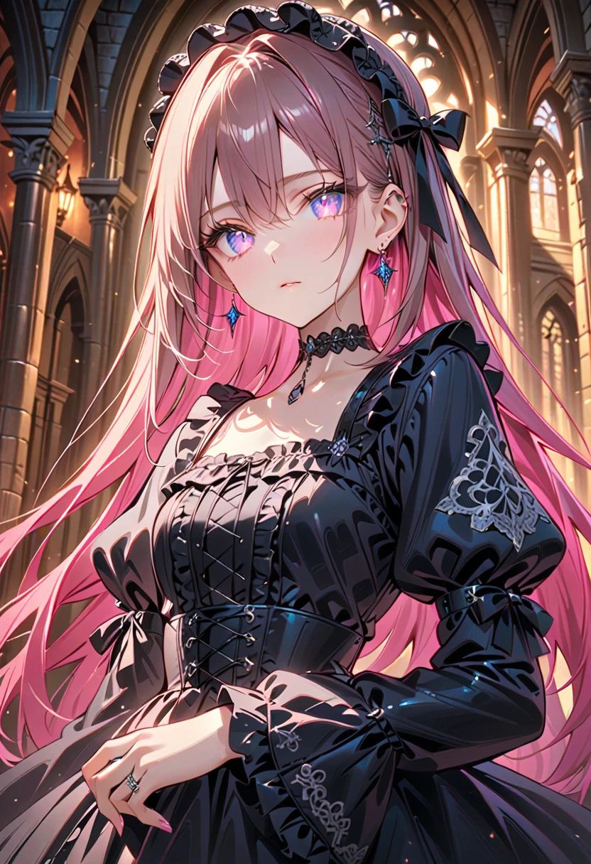 1 girl, ((beautiful girl in Lolita fashion: 1.4)), attractive face, elegant, gorgeous, (gothic lolita dresses, choker, earrings, rings, jewelry), luxurious, detailed beautiful face, (shiny hair, long hair), glowing eyes, (finely detailed beautiful eyes: 1.2), at a medieval european castle, (cowboy shot, from front, face focus), deep depth of field, stunning, fascinating, enchanting, cinematic lighting, cinematic composition, anime style, vibrant colors, thin lines, dreamlike, absurdres, highres, masterpiece, best quality, newest, very aesthetic, ultra quality, high detailed, anatomically correct, perfect hands, (anime art style),