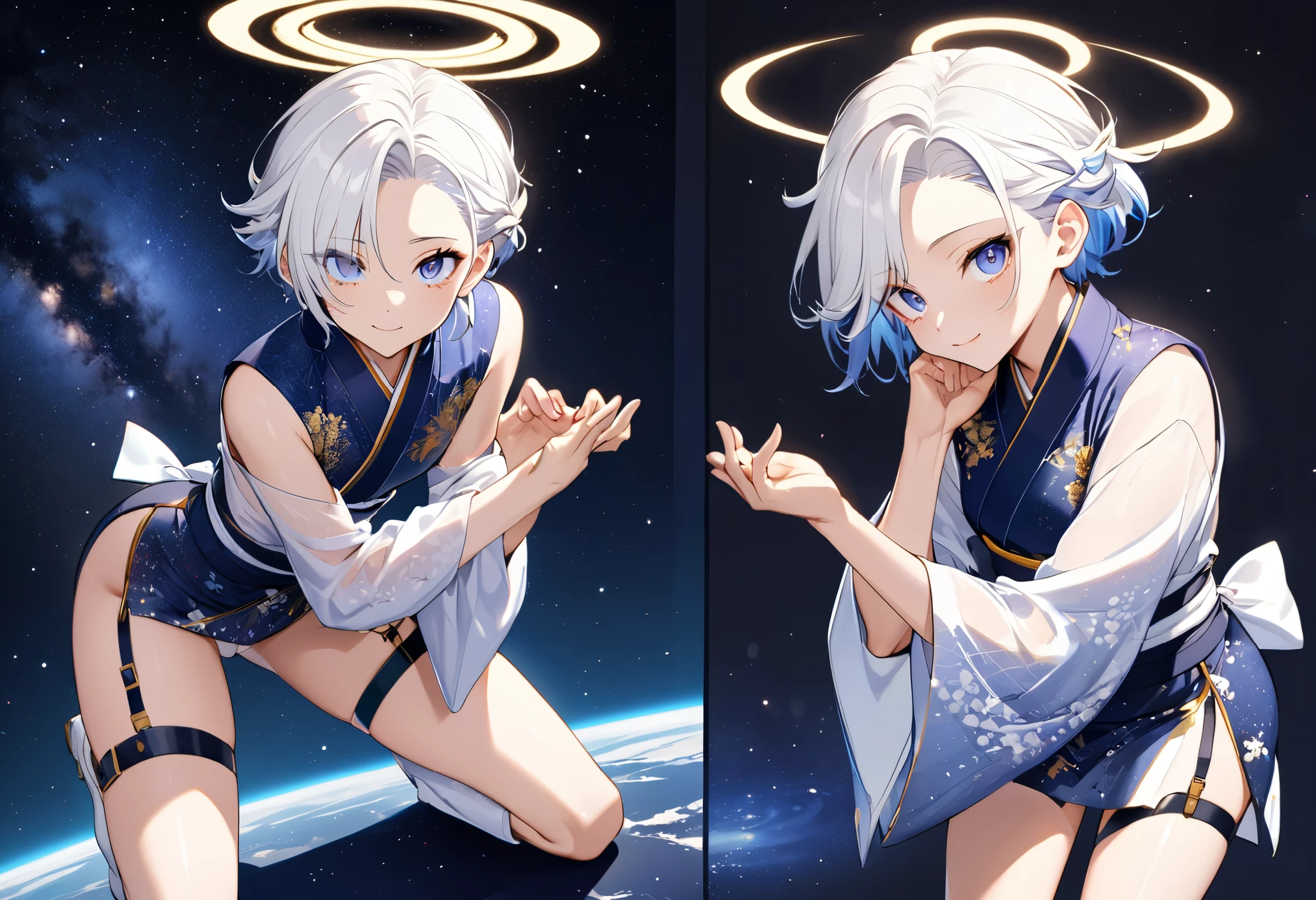 Fresh illustration,
Ultra-fine drawing,
Very delicate illustration,
Very fine details,
One boy,
Full body,
Height 158cm,
Fair skin,
Right eye is purple,
Left eye is blue,
Odd eyes,
Heterochromie iris,
Beautiful eyes,
Large black pupils,
Cleanly cut hairstyle,
Slicked back hairstyle,
Short hair,
Shiny hair,
Blue roots and white hair elsewhere,
Hair with a gradient,
Cute face,
Pretty face,
Shiny halo on the back of the head,
Raised eyebrows,
Upper body in kimono,
Upper body in traditional Japanese clothing,
Masculine build,
Six pack,
Very small breasts,
No breasts,
Lower body in Chinese dress,
Black obi,
Overall white clothes,
Tastefully embroidered with gold thread,
Clothes with a high-quality texture,
Jo straps,
thigh straps,
thigh straps digging into skin,
white long boots,
Japanese style toes,
five fingers on hands and feet,
thin waist,
thin legs,
isometric,
golden ratio,
divine atmosphere,
wearing indigo-colored stand-up collared innerwear,
outer space,
galaxy,
countless small stars,
tactical use of shadows,
free pose,
sexy pose,
exposed skin,
naughty pose,
adult pose,
lewd look,
looking at camera,
buttocks facing camera,
pervert,
see-through clothes,
peachy buttocks,