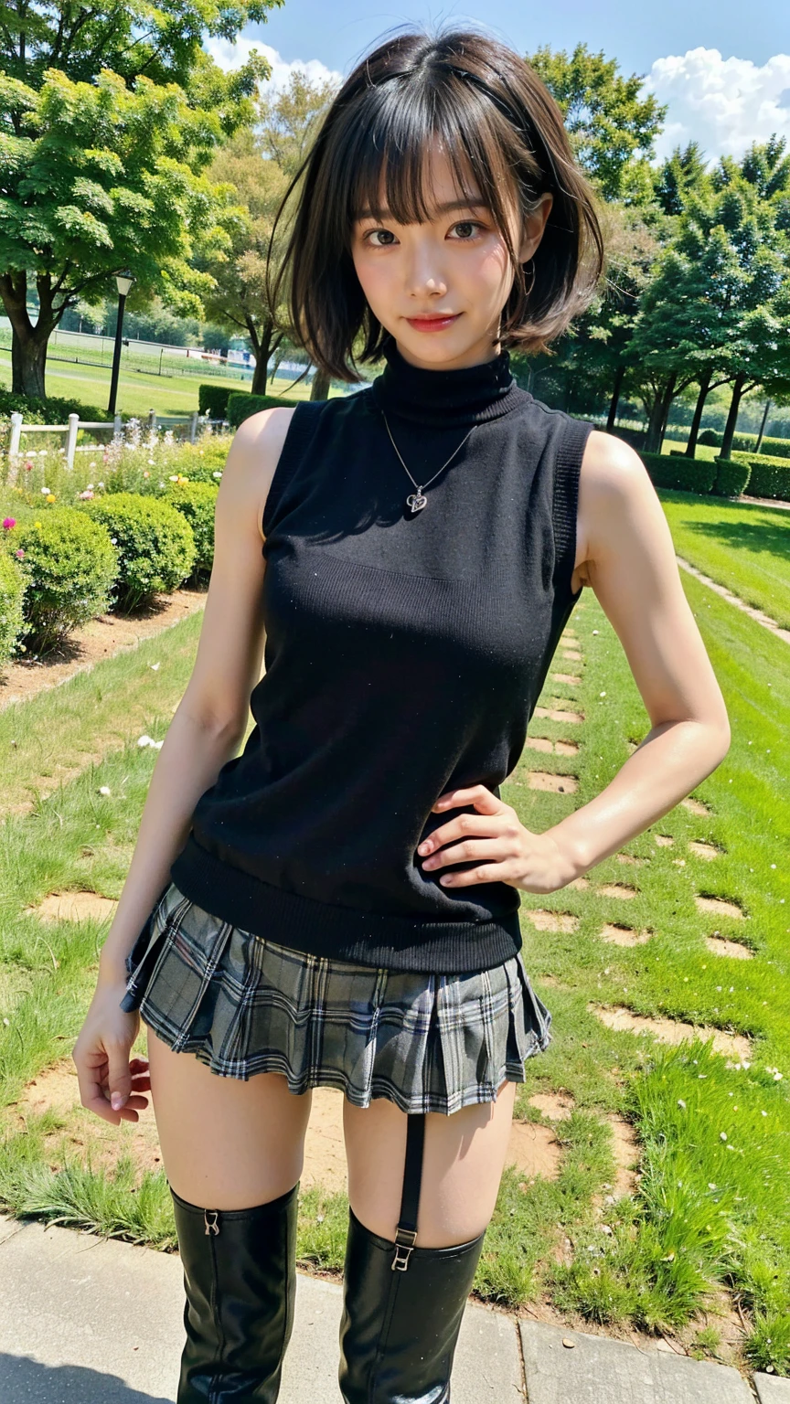 (best quality, highres, ultra-detailed), realistic, HDR, professional, vivid colors, bokeh, 21years,Japanese woman, short black hair, slanted eyes, lowered eyebrows, thin chin, slightly muscular body, Bust 88cm, E cup, waist 62cm, hips 89cm,Body fat percentage 22%, from above,Denim shorts, dark green knit top, knee-high boots,Winter park during the day, clear skies