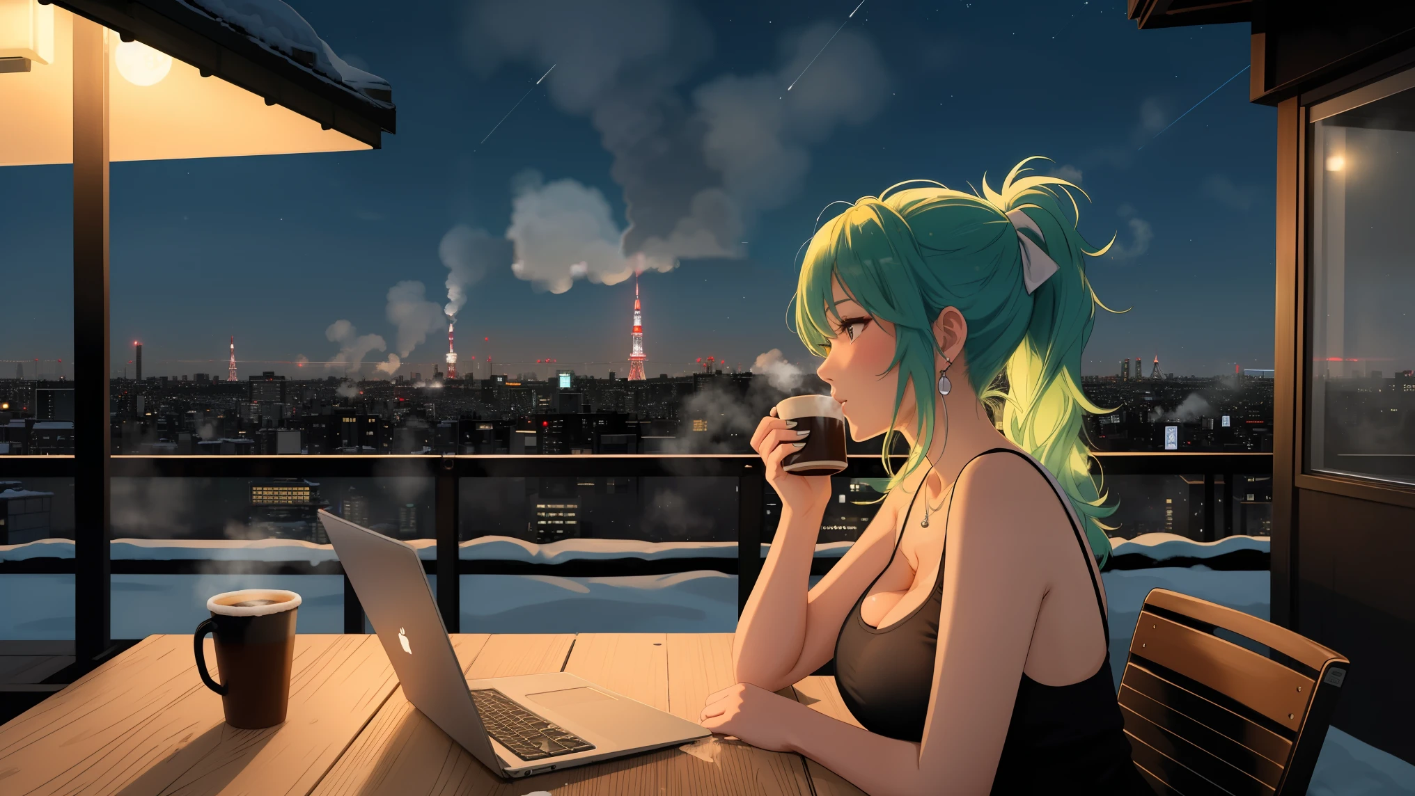 "A woman big breast with green hair tied in a ponytail sits on a chair on a rooftop balcony, gazing up at the starry night sky. She is dressed in a black tank top and blue jeans, her posture relaxed yet thoughtful. A laptop is open on the small table beside her, and a steaming cup of coffee sits next to it, the gentle steam rising into the chilly night air. The rooftop balcony provides a stunning view of a snowy Tokyo skyline, with rooftops below blanketed in white and glowing neon signs reflecting off the snow. The iconic Tokyo Tower stands illuminated in the distance, surrounded by scattered stars and the soft glow of a crescent moon. The cold winter breeze brushes her hair gently as she alternates between working on her laptop and admiring the peaceful urban landscape. The scene is a harmonious blend of tranquility and productivity, with the warmth of the coffee and the glow of the laptop contrasting beautifully against the crisp, snowy night and the vibrant city lights below."