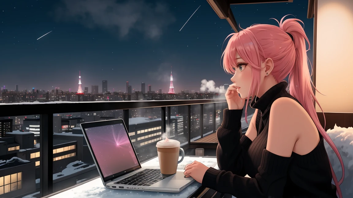 "A woman big breast with pink hair tied in a ponytail sits on a chair on a rooftop balcony, gazing up at the starry night sky. She is dressed in a black tank top and blue jeans, her posture relaxed yet thoughtful. A laptop is open on the small table beside her, and a steaming cup of coffee sits next to it, the gentle steam rising into the chilly night air. The rooftop balcony provides a stunning view of a snowy Tokyo skyline, with rooftops below blanketed in white and glowing neon signs reflecting off the snow. The iconic Tokyo Tower stands illuminated in the distance, surrounded by scattered stars and the soft glow of a crescent moon. The cold winter breeze brushes her hair gently as she alternates between working on her laptop and admiring the peaceful urban landscape. The scene is a harmonious blend of tranquility and productivity, with the warmth of the coffee and the glow of the laptop contrasting beautifully against the crisp, snowy night and the vibrant city lights below."
